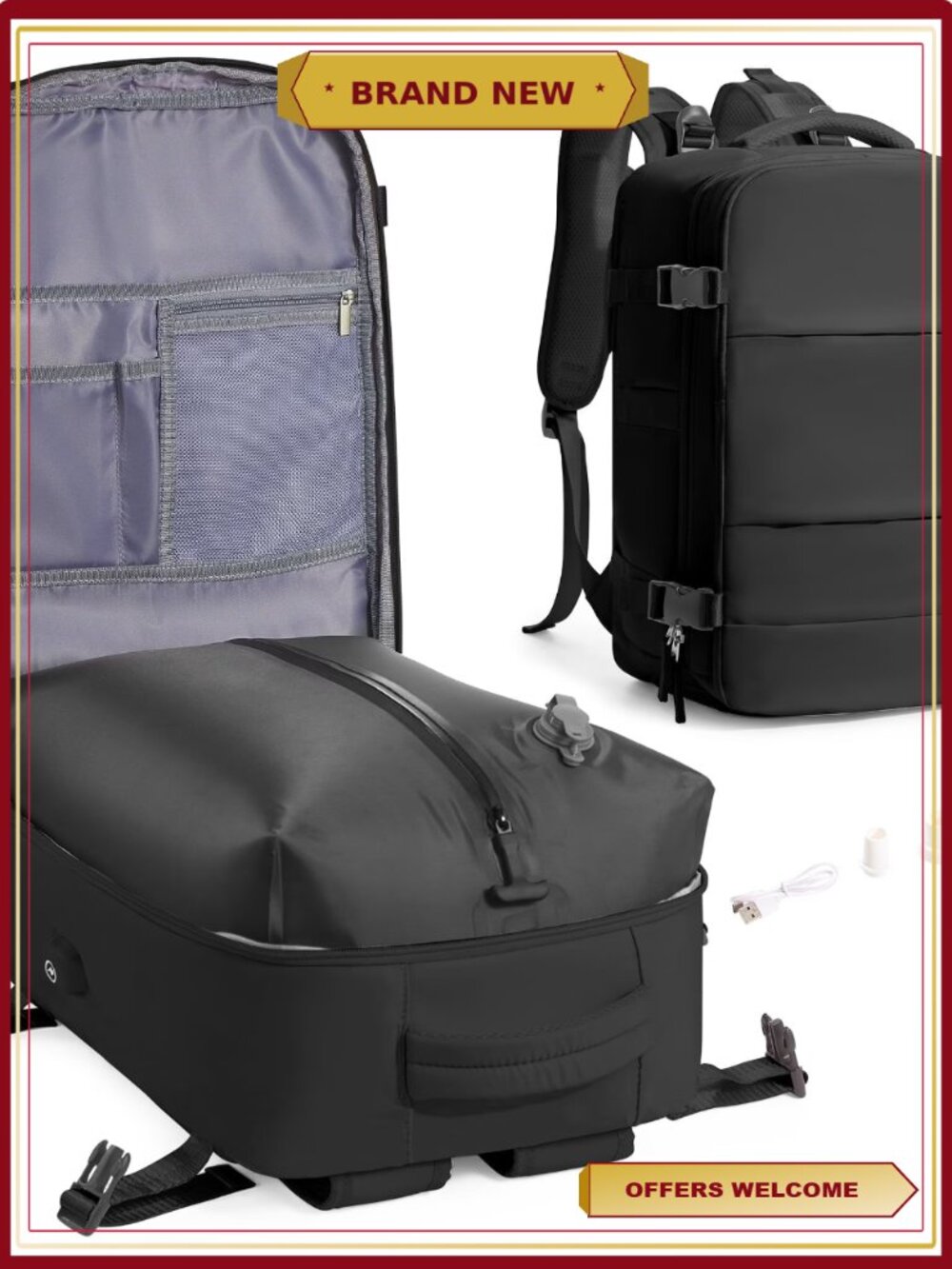 Vacuum Compression Travel Backpack with Pump USB Port Waterproof Nylon 15.6 inch